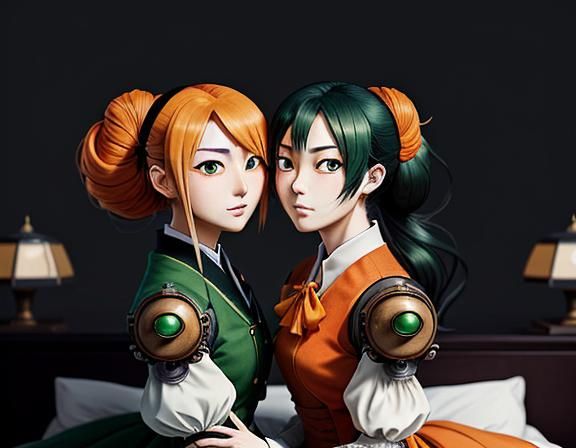 Steampunk Manga Twins Kissing in Misty Setting