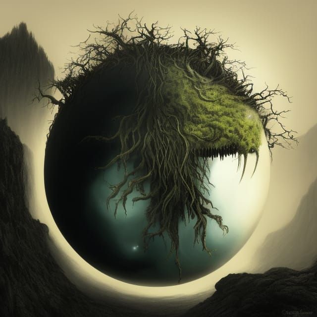 Grotesque Living Planet with Teeth, Horror Art