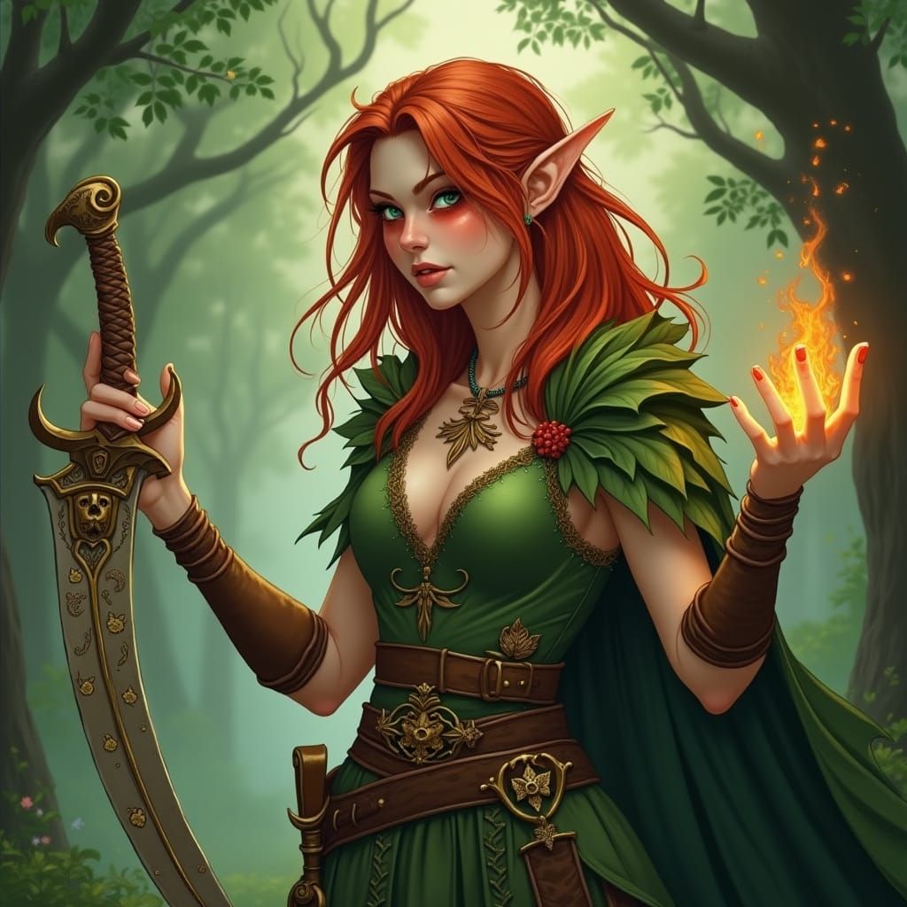 Mystical Forest Elf Druid in Whimsical, Organic Style