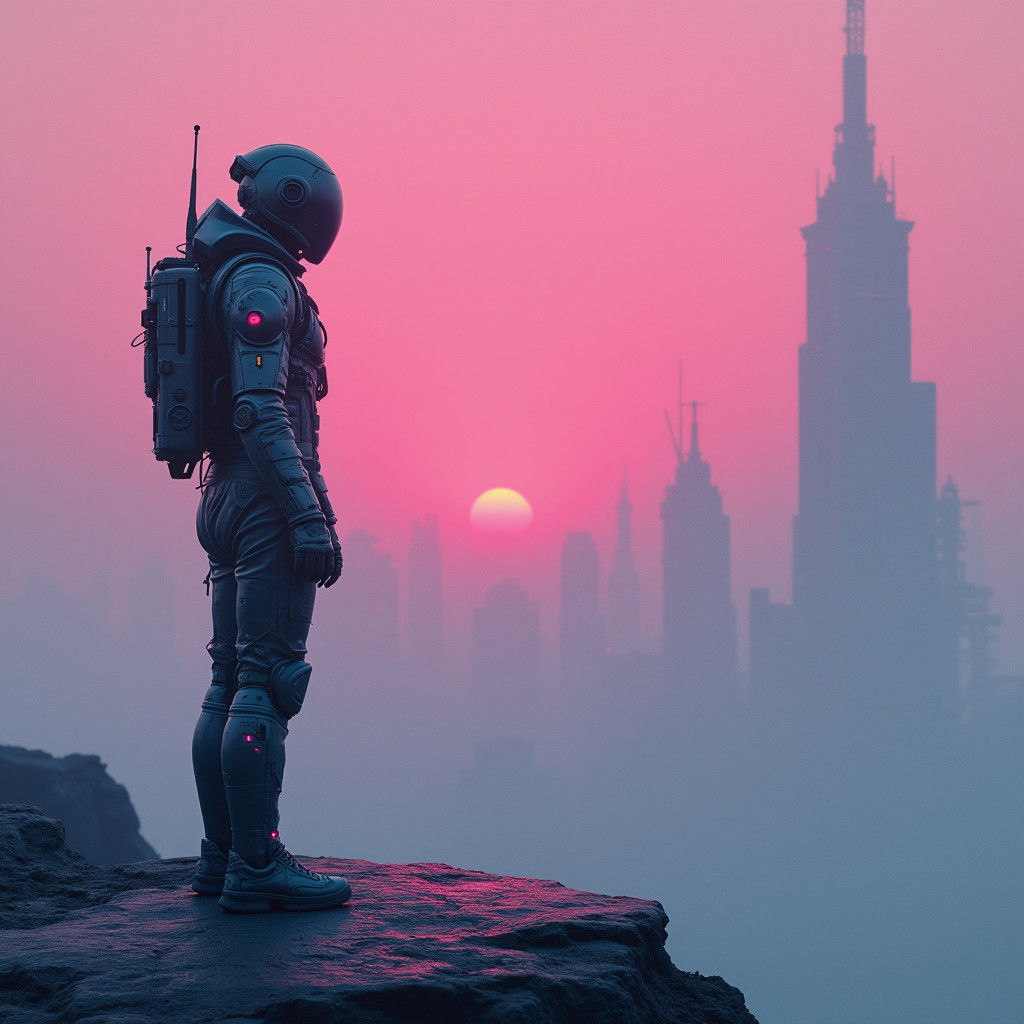 Futuristic Figure in Neon Cityscape: Adaptability