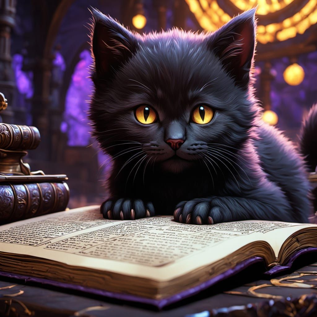 Black Kitten on Spell Book, Dark Fantasy Art