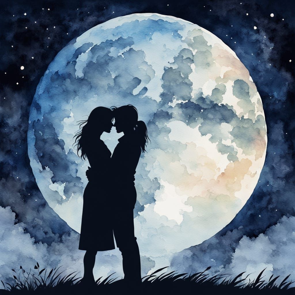 Romantic Couple Embracing Under Moonlight Watercolor