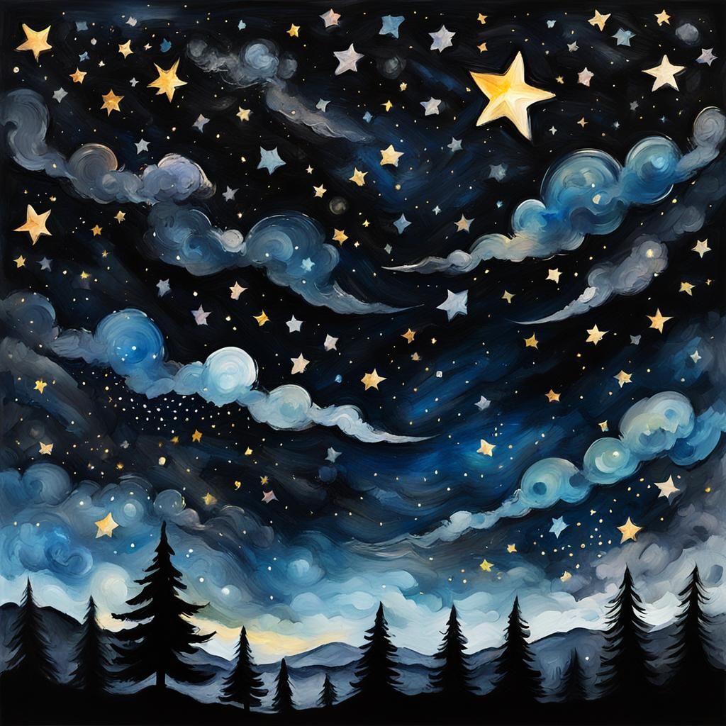 Twinkling Stars in Gouache Style Impressionist Painting