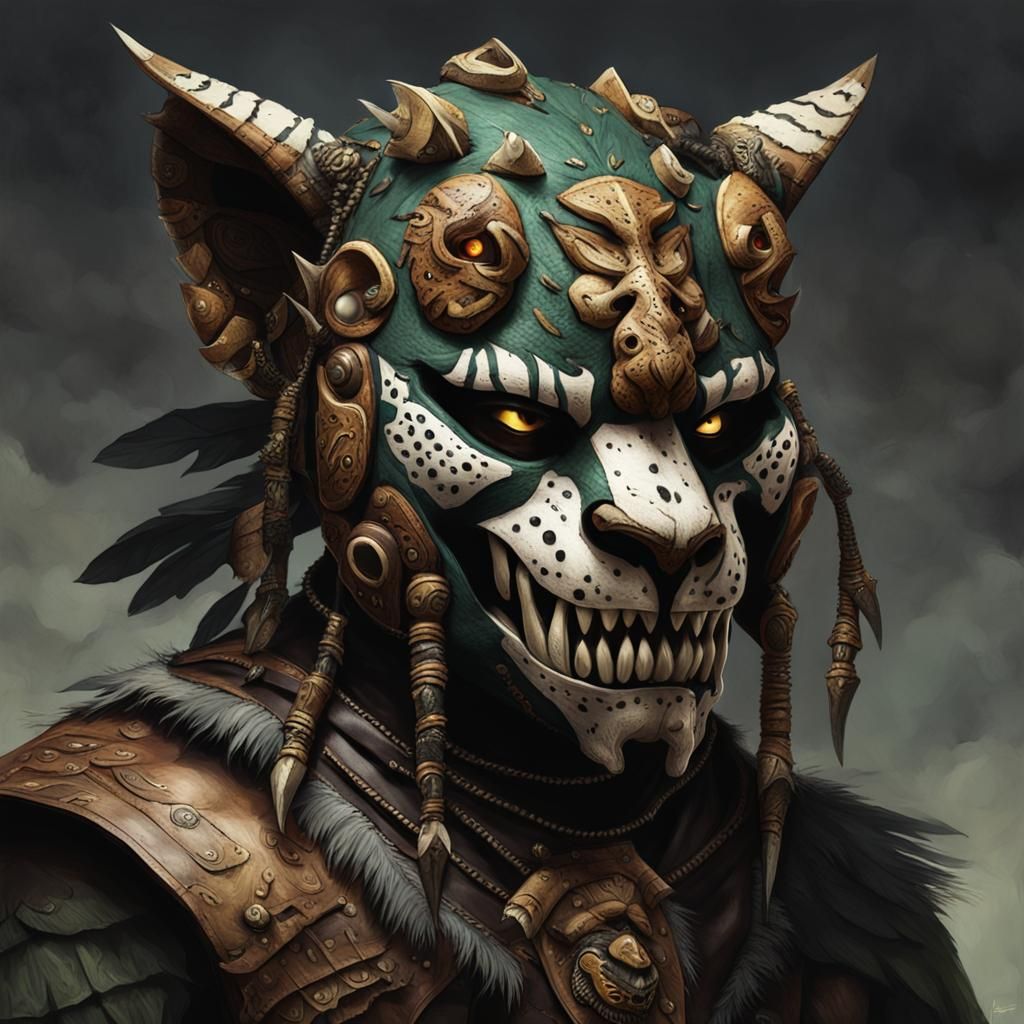 Goblin Warrior in Jungle Mask, Fantasy Art