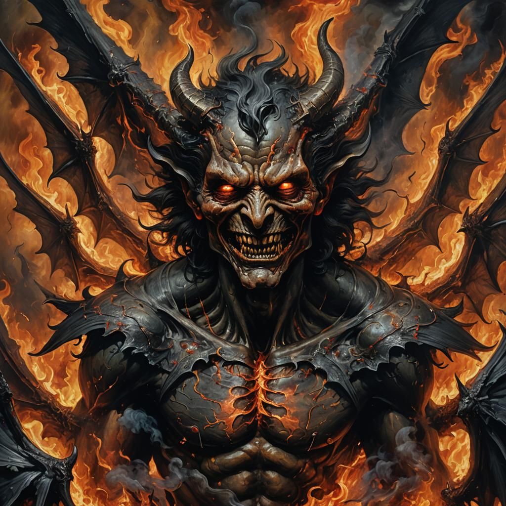 Devil Rising: Dark Surrealism Portrait in Fiery Hues