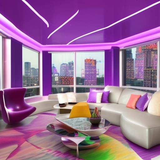 Colorful party penthouse with huge windows with colorful lights on them That glow& purple walls with built-in colorful l...