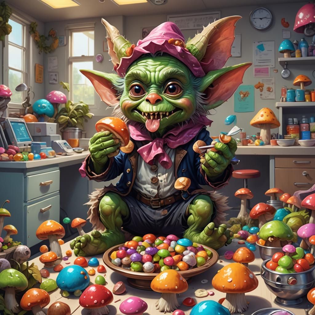 Cute Goblin Eats Mushrooms: Candy Art Illustration