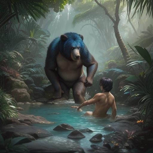 Baloo and Mowgli in Rock Pool, Kipling Illustration