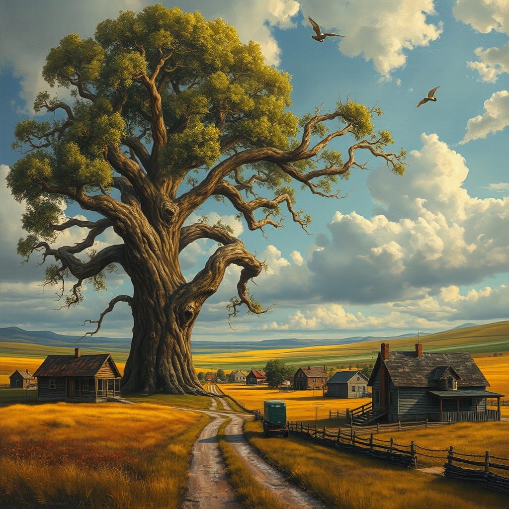 Surreal Prairie Tree Towering Above a Quaint American Town