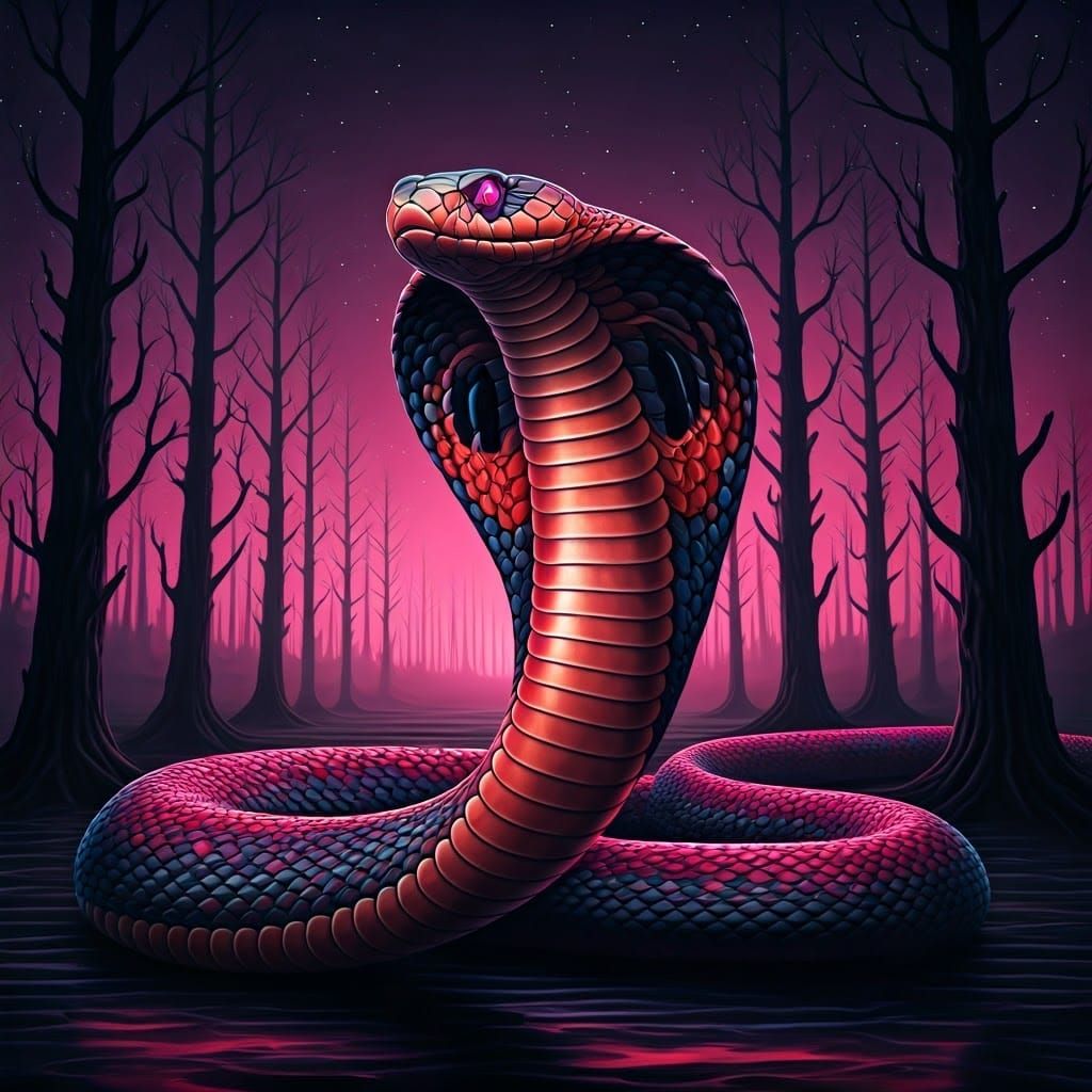 Majestic King Cobra in Neon Hues Amidst Dark Obsidian Tundra