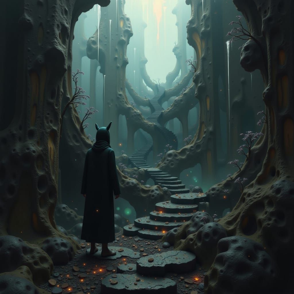 Mystical Staircase Suspicion in Dreamlike Digital Art