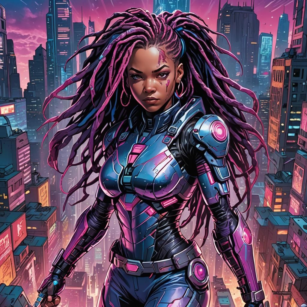 Daughter of Jinx and Cyborg. Super suit is a mix of purple, ...