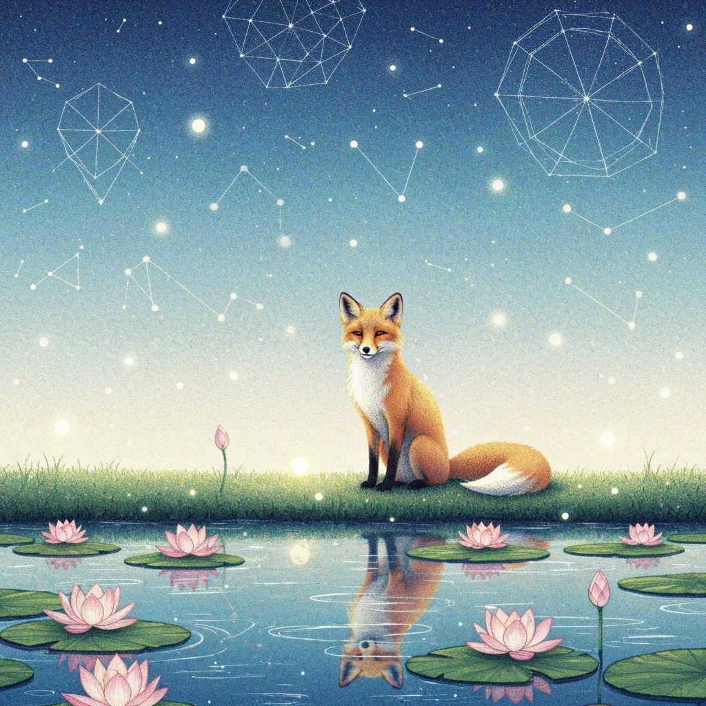 Ethereal Fox by Lotus Pond in Pointillism Style