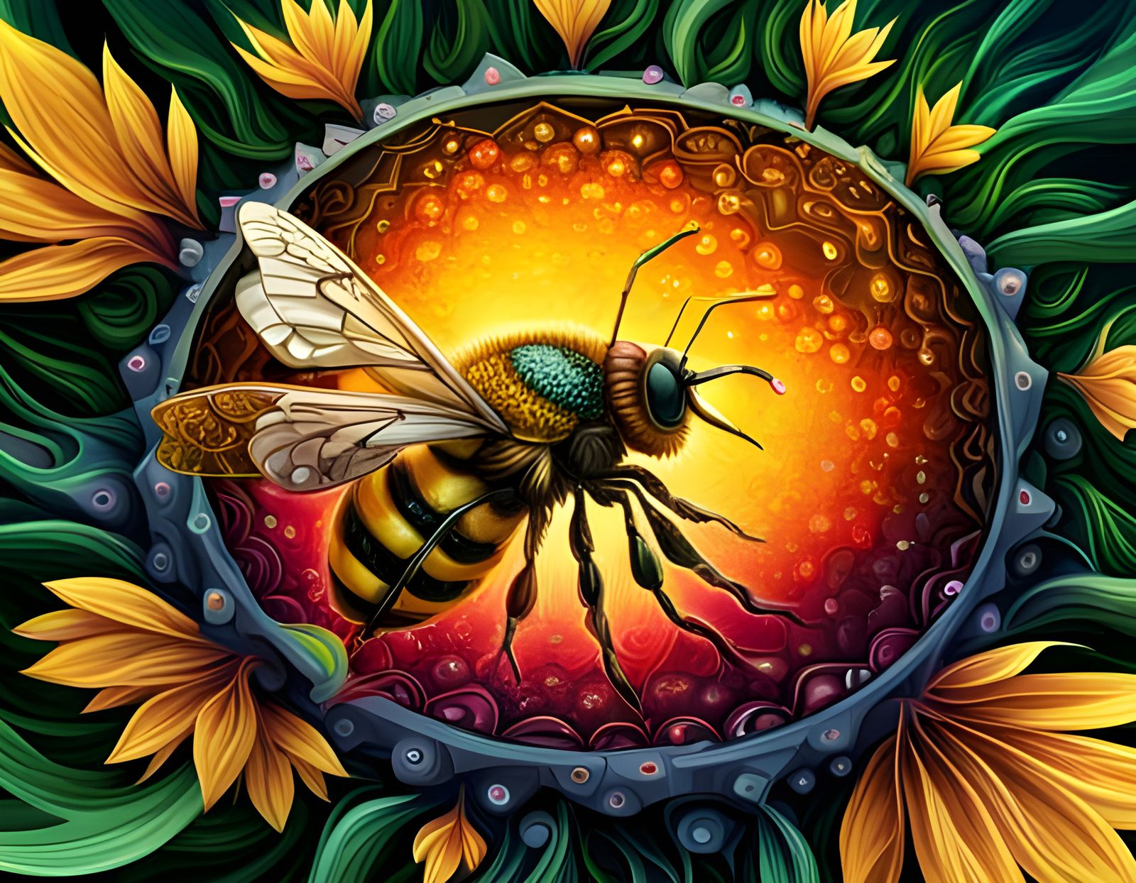 Floral Cyberpunk Robotic Bee: Detailed Digital Illustration