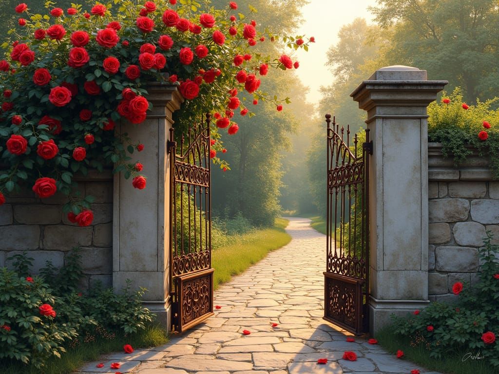 Warm Grey Stone Fence with Vibrant Red Roses and Ornate Iron...