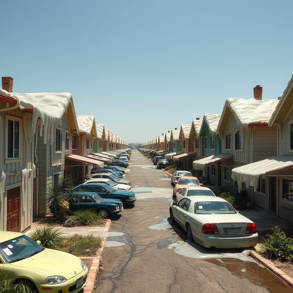 Surreal Melting Plastic Neighborhood in Scorching Heat
