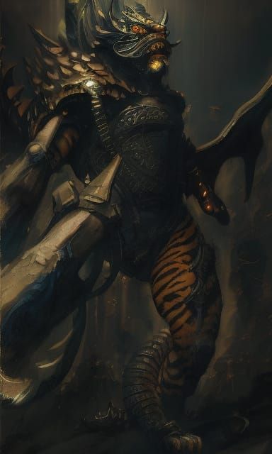 Tiger-Dragon Deity of the Wasteland: Dark Fantasy Illustrati...