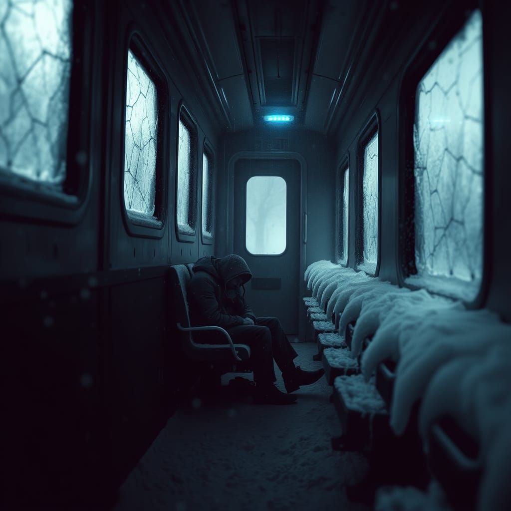 Melancholic Winter Train Car Interior with Solitary Figure