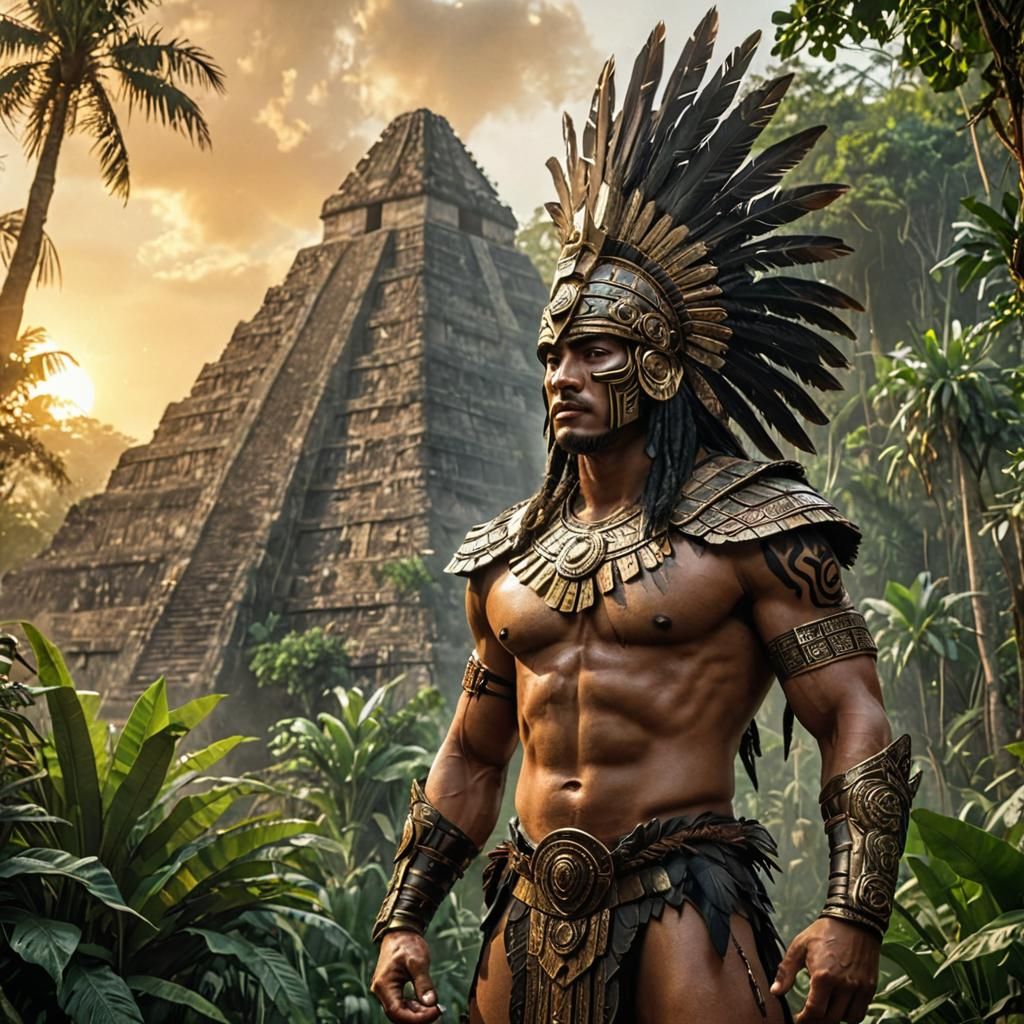 Aztec Warrior in Jungle, Hyperrealistic Concept Art