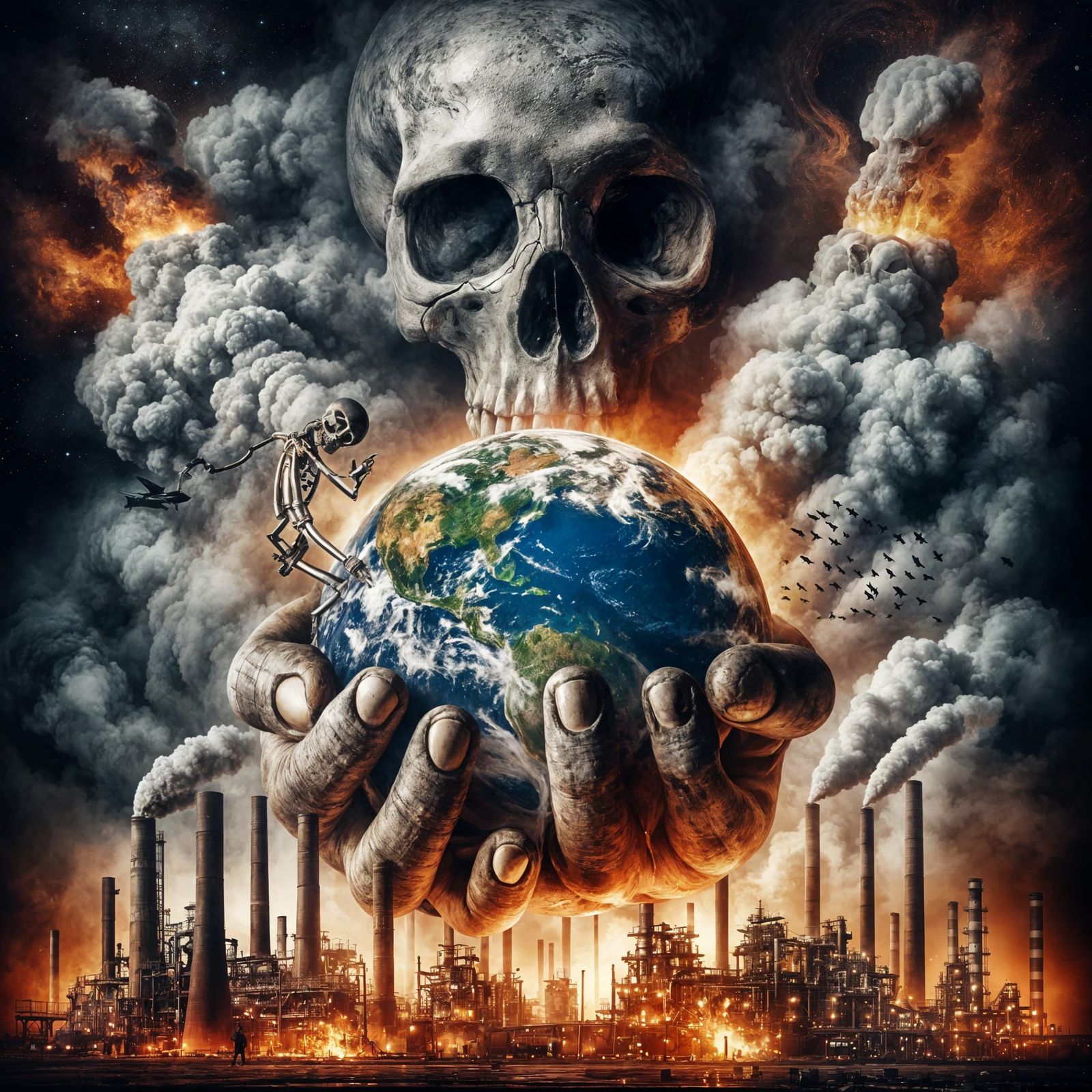 Hand Holding Earth Globe with Pollution and Skull
