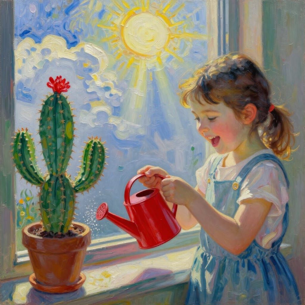 Girl Tends Blooming Cactus in Heavenly Light