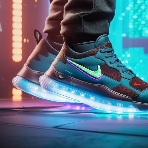 8k, volumetric lighting, Nike Cybernetic hyper graffiti shoes with the * BOOSTAR * words engrained on them in a showcas...