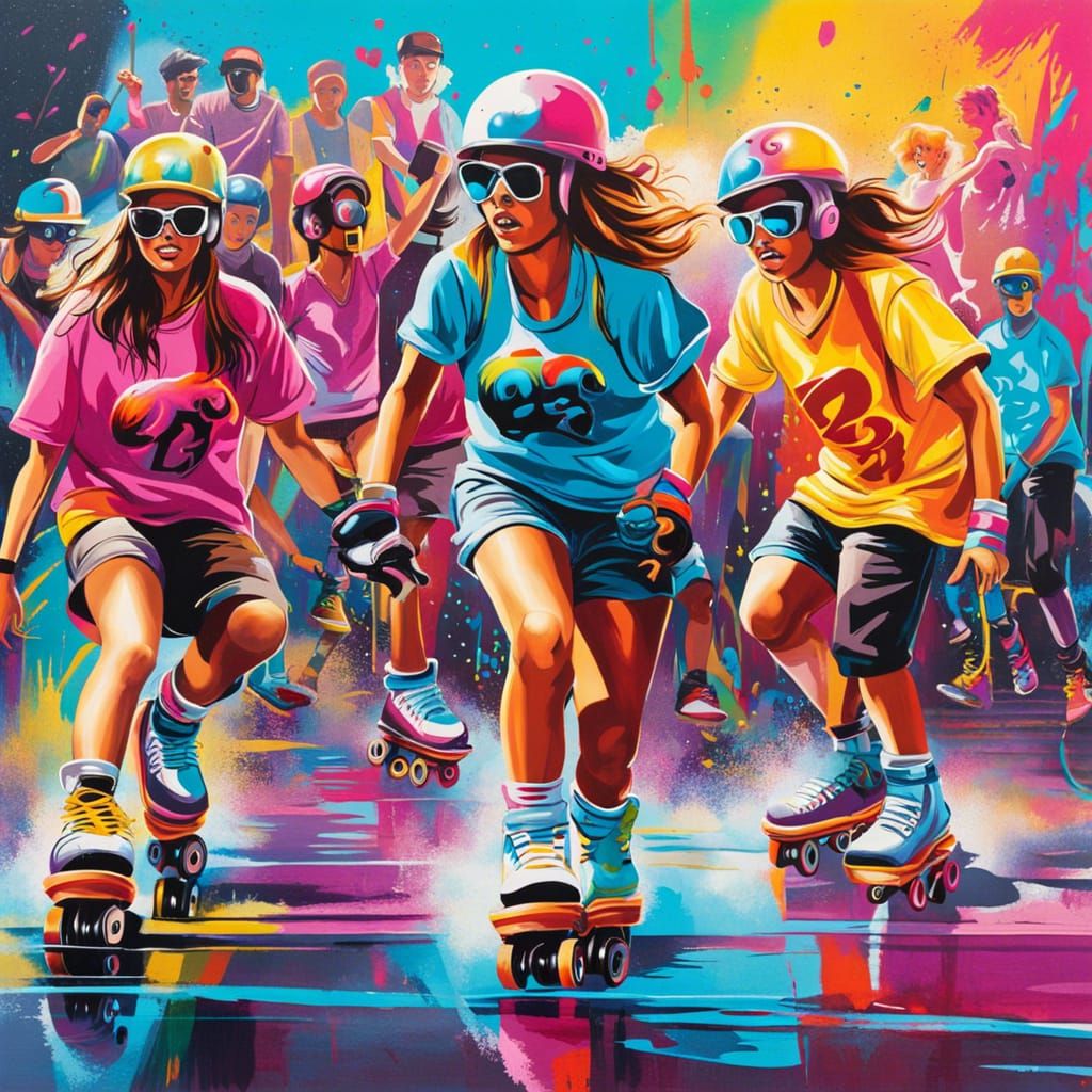 Vibrant 80s Rollerblade Arena in Street Art Style