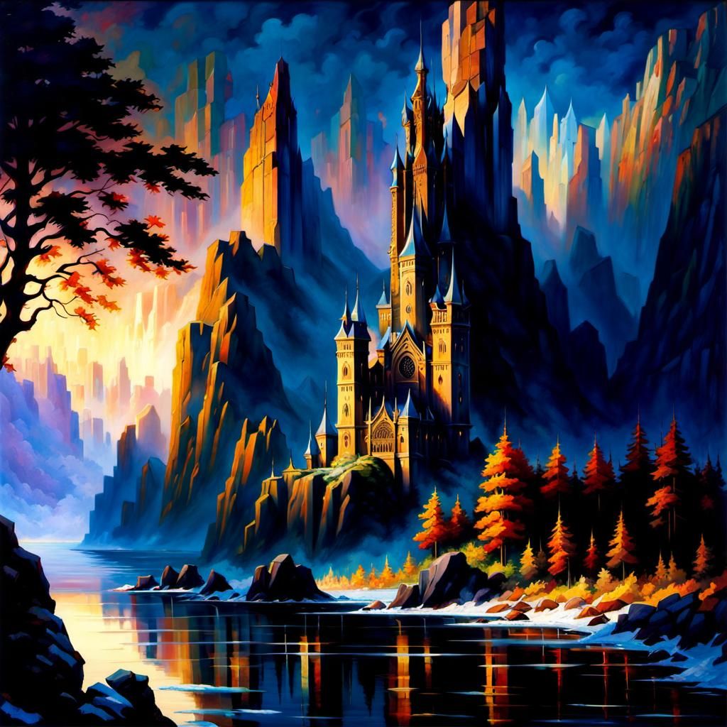 Crystalline Towers at Dawn: Arthur Rackham Style