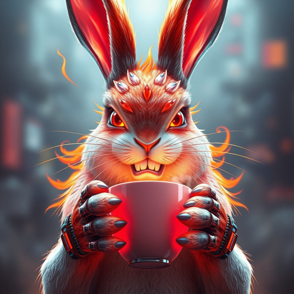 Cybernetic Fire Rabbit with Coffee: 3D Anime Art