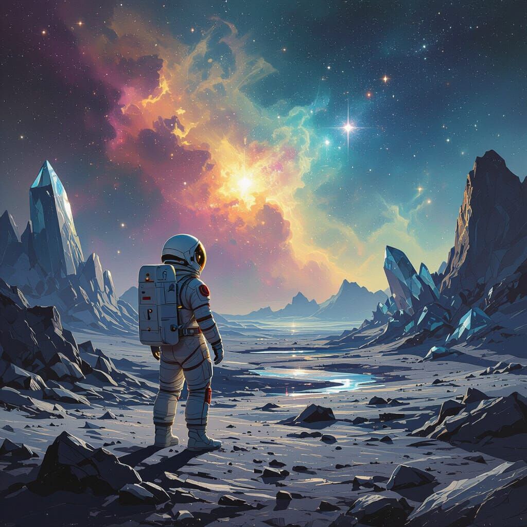 Astronaut Gazing at Nebula in Retro Sci-Fi Style