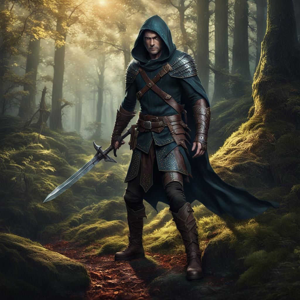 Half-Elf Ranger in Forest, Fantasy Art Style