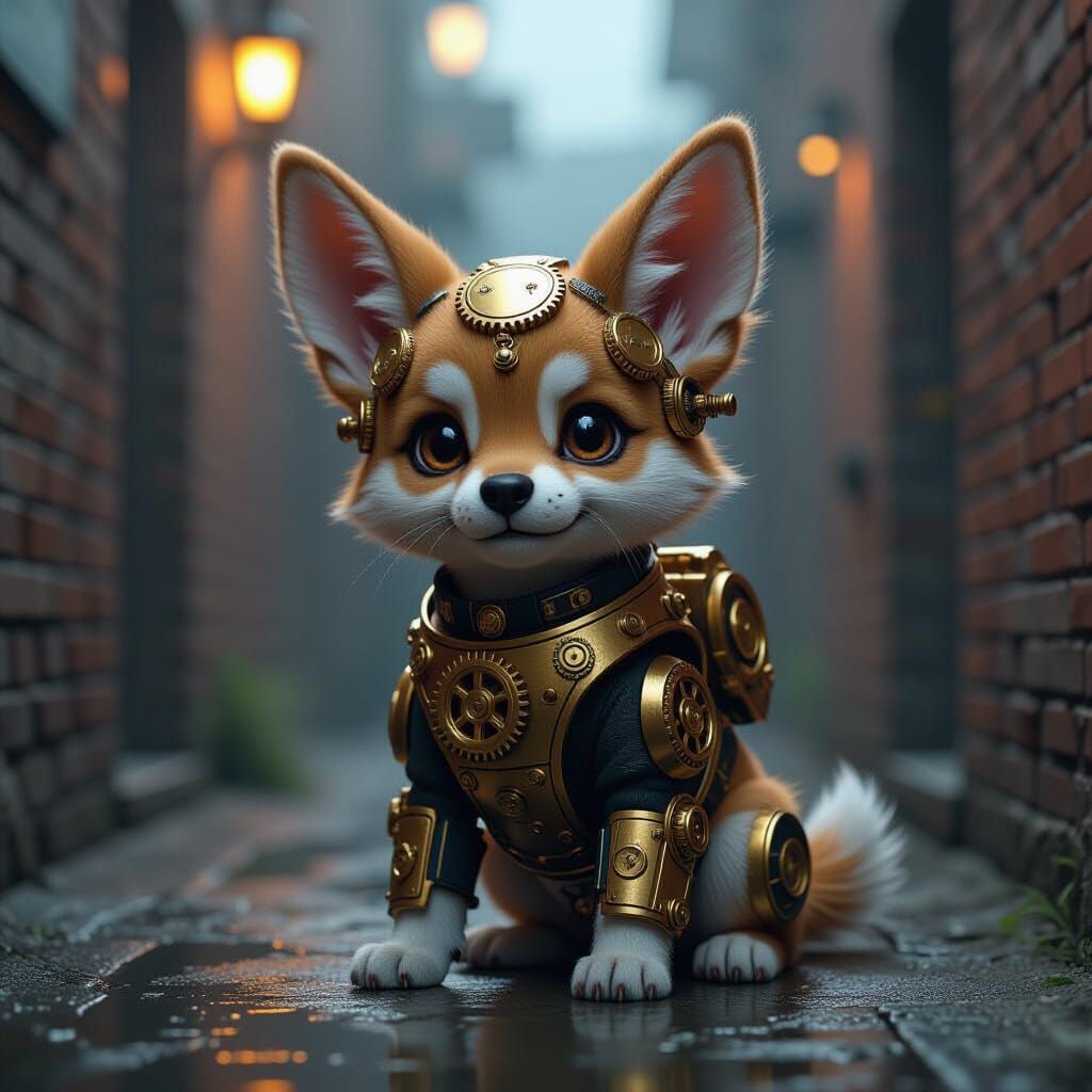 Steampunk Fennec Puppy in Hyperrealistic Style