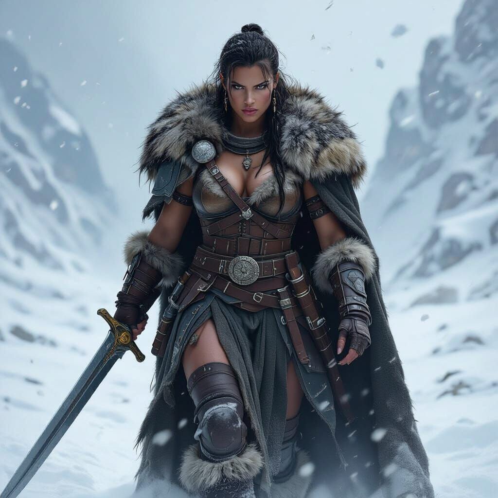 Fierce Barbarian Woman in Frozen Landscape