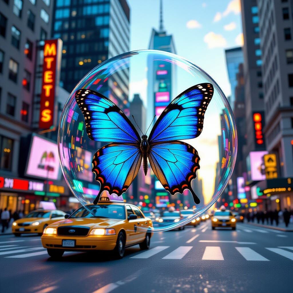 Blue Butterfly in Spacesuit Exploring NYC Streets
