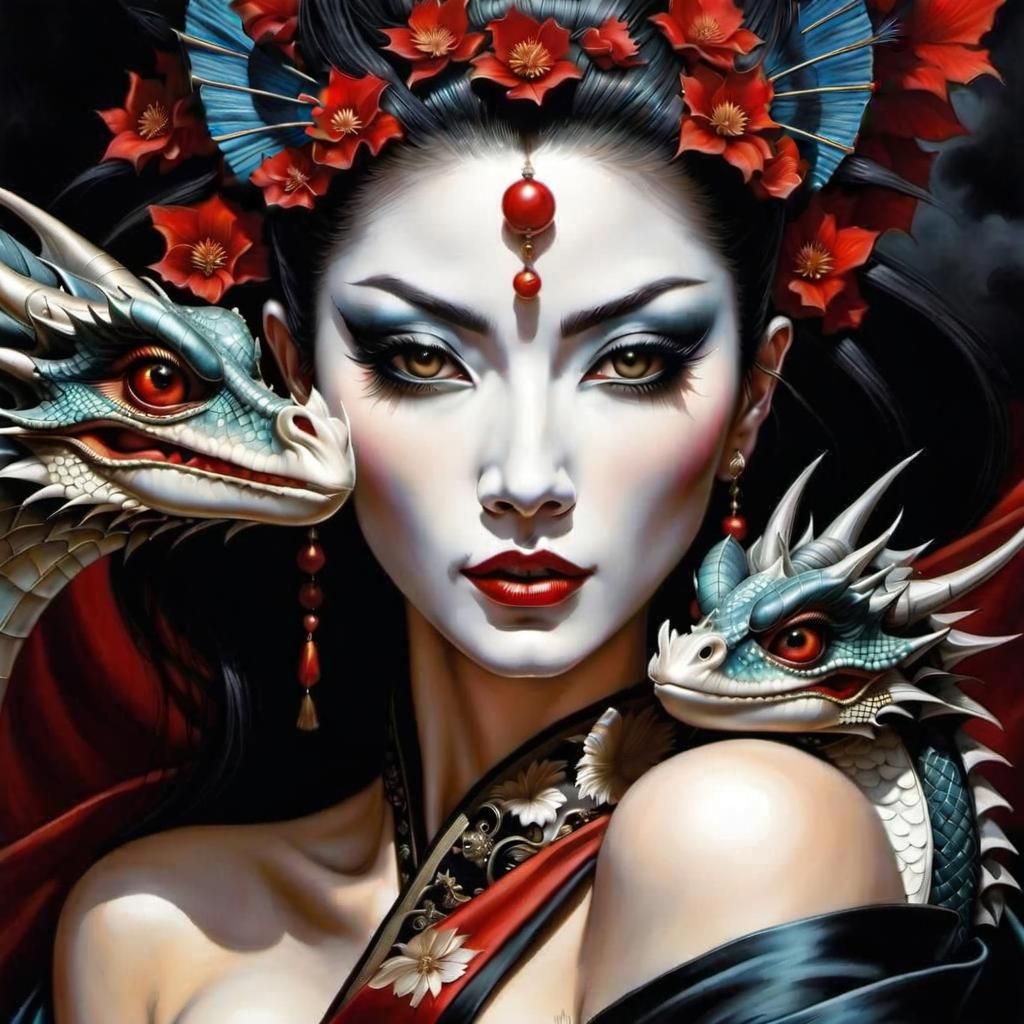 Kabuki-Punk Actress with Dragon Hatchlings in Dreamy Luminis...