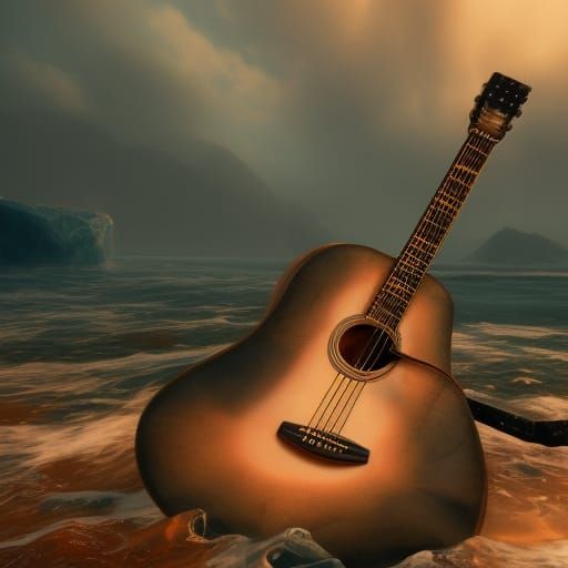 Acoustic Guitar Washed Up in Ocean: Detailed Matte Painting