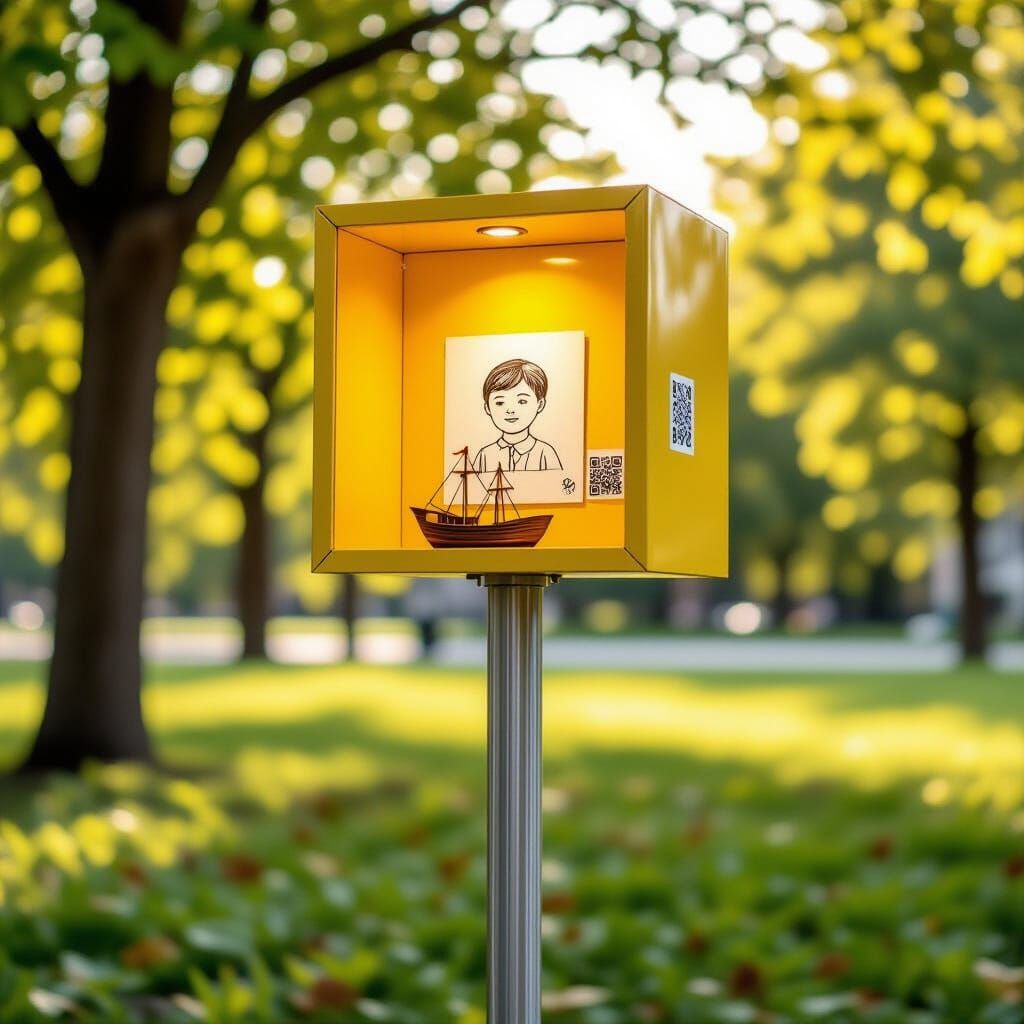 Art Installation in Park: Display Case with Child's Art