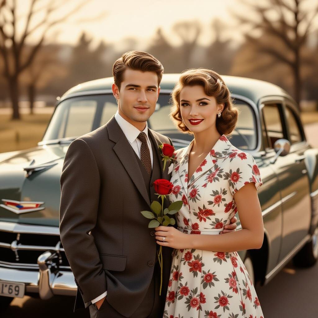 Vintage Couple by Classic Car, Nostalgic Romance