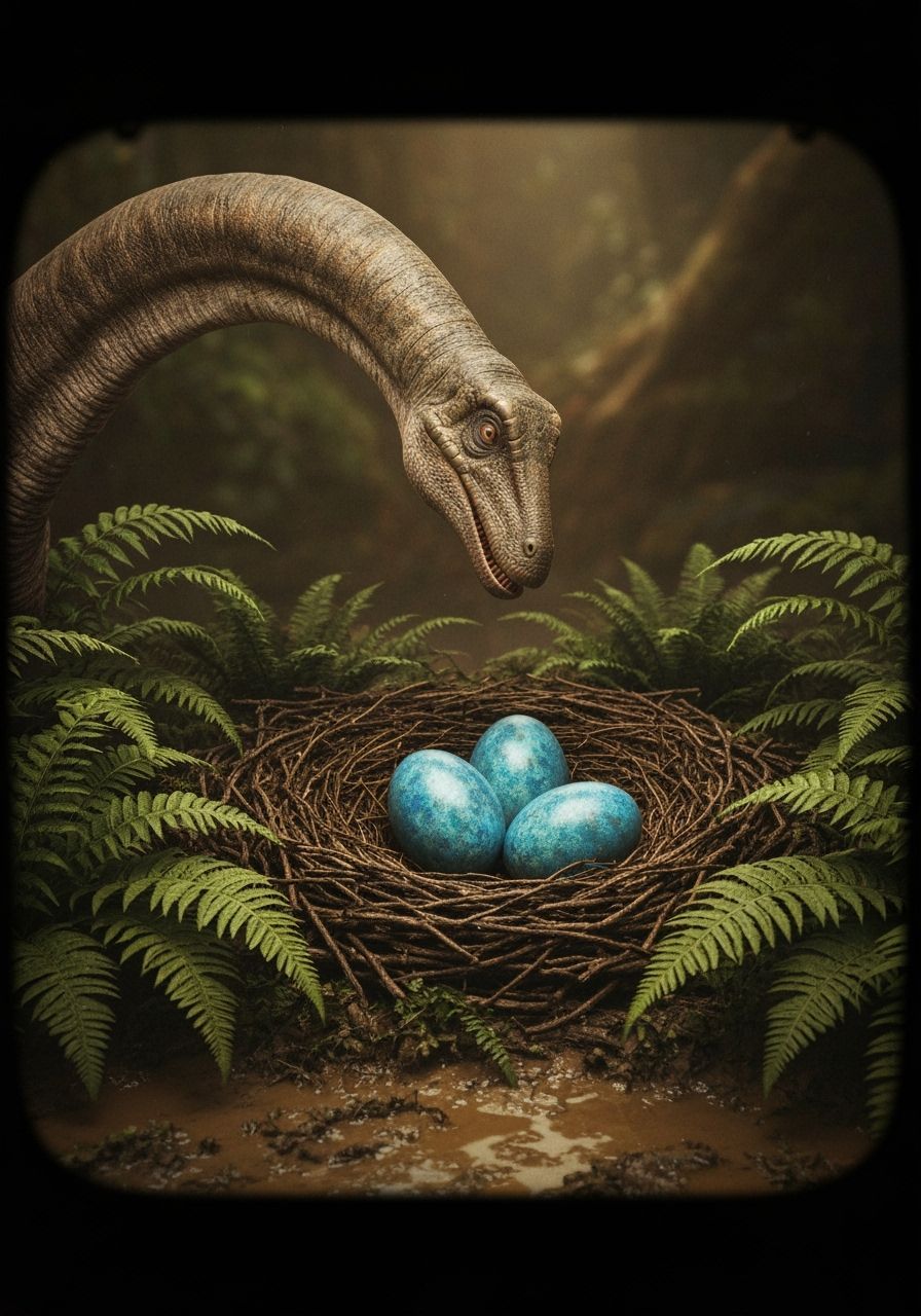 Long-Necked Dinosaur Lays Blue Eggs in Fern Nest