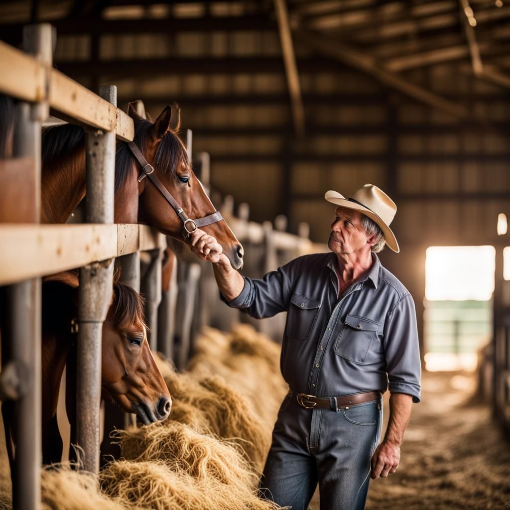 Farmer Feeding Horses: Natural Light Professional Photo