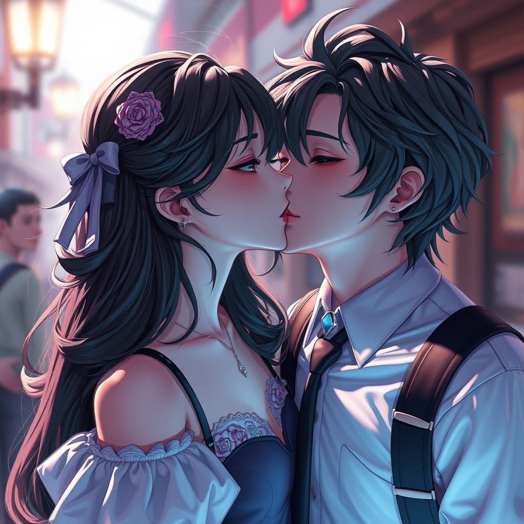 Romantic Anime Couple Share a Sweet Kiss