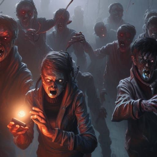 close up of group of zombies carrying cel phones, hypnotized...