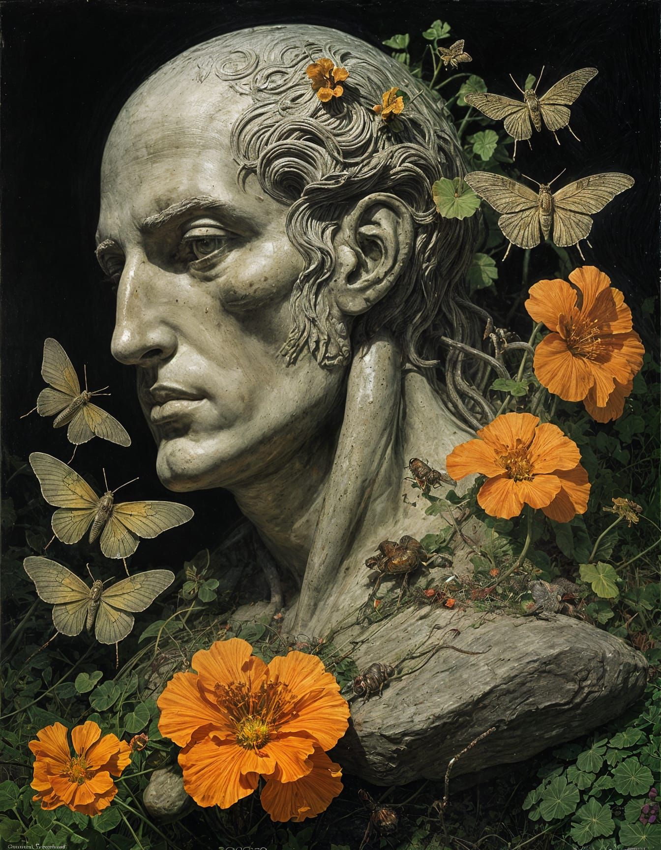 Apollo's Forgotten Head amidst Blooming Nasturtiums and Cree...