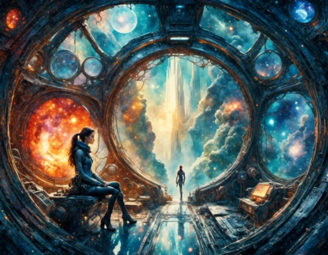 Watercolor Space Explorer in Cyberpunk Spaceship