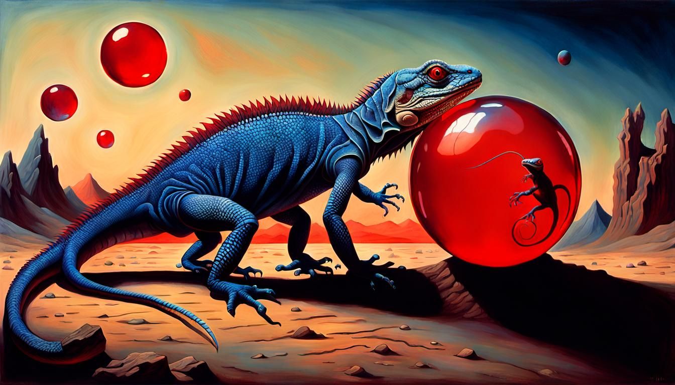 Surreal Lizard Trips Mimes Near Glowing Orb