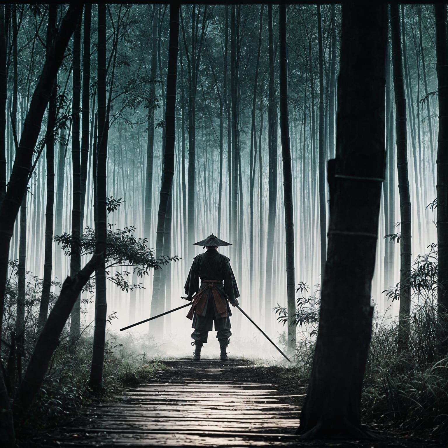 Samurai Confrontation in Moonlit Bamboo Forest