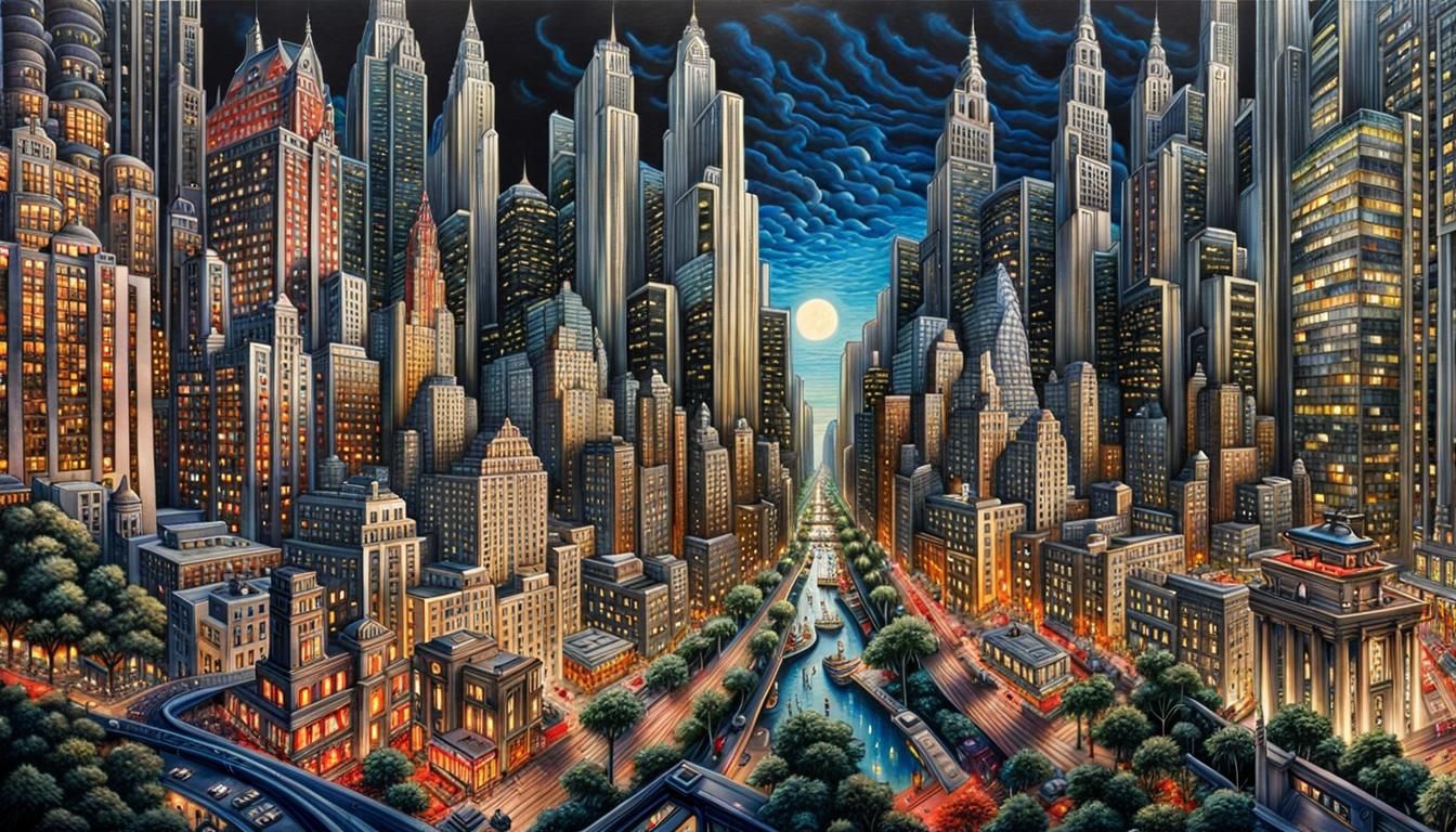 Nighttime Art Deco Metropolis with Angel Statues