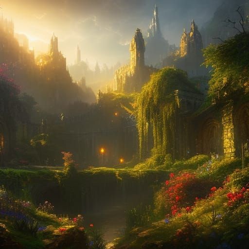 Enchanted Garden with Ruins Under Starry Sky