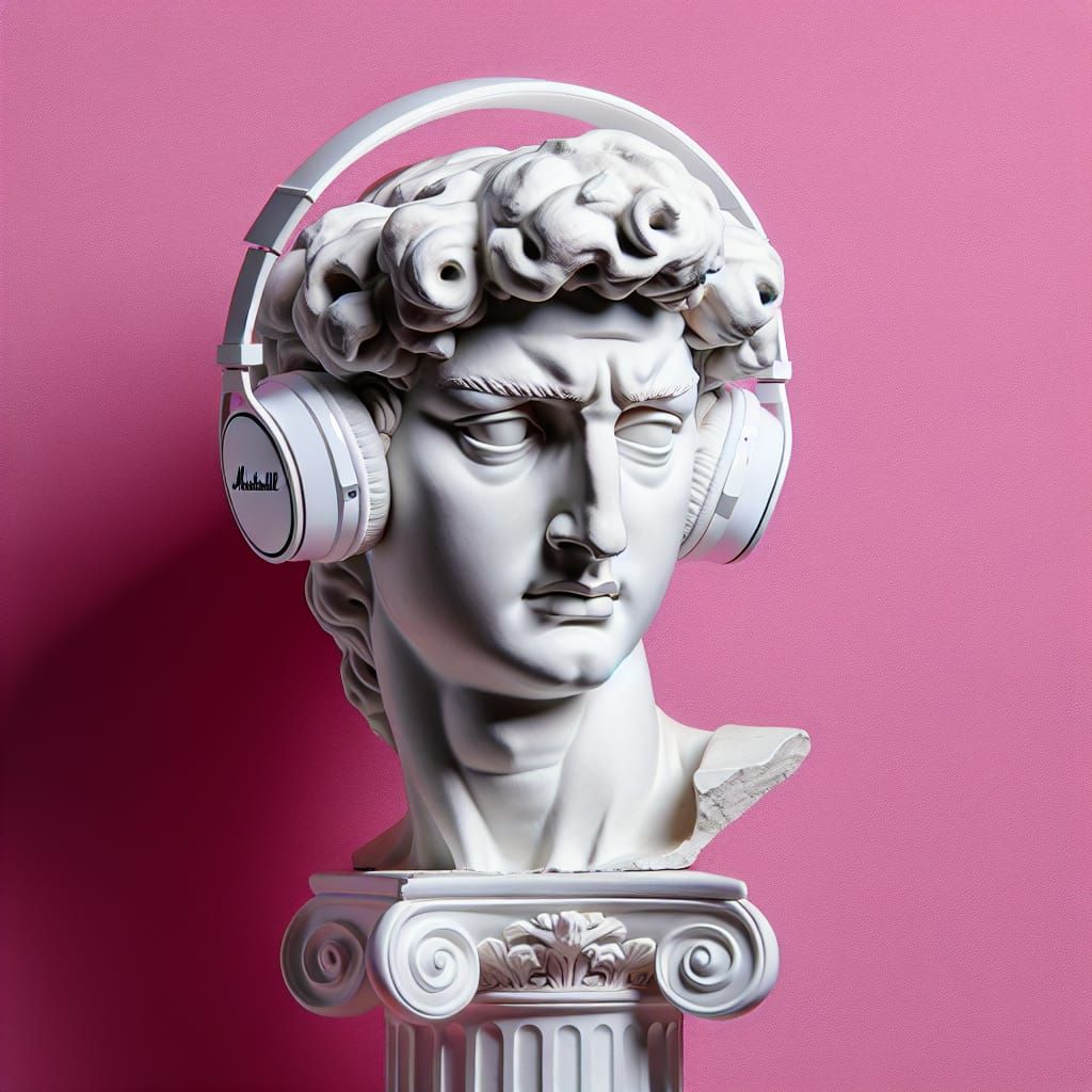 David Sculpture with Headphones on Pink Background