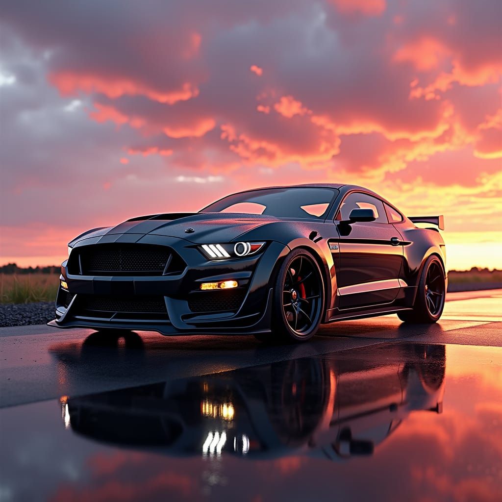 Shelby GT 500 Sunset Reflection: Digital Dreamscape